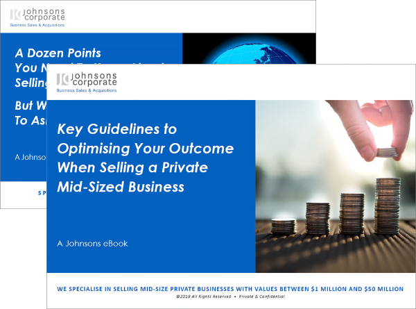 Two eBook covers - on top "Key Guidelines to Optimising Your Outcome When Selling a Mid-Sized Business